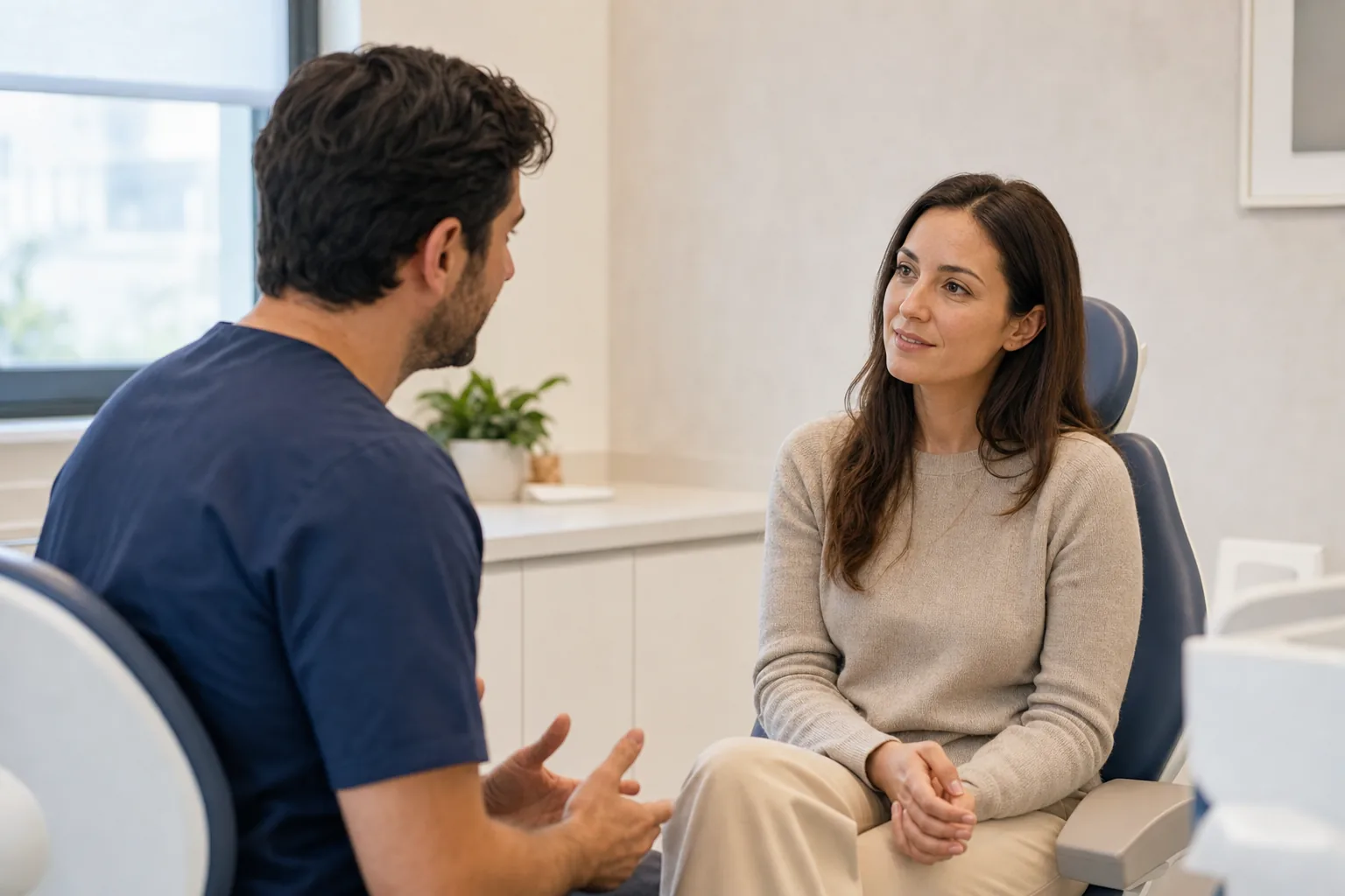 Colloquio tra medico odontoiatra e paziente durante una prima visita specialistica.
