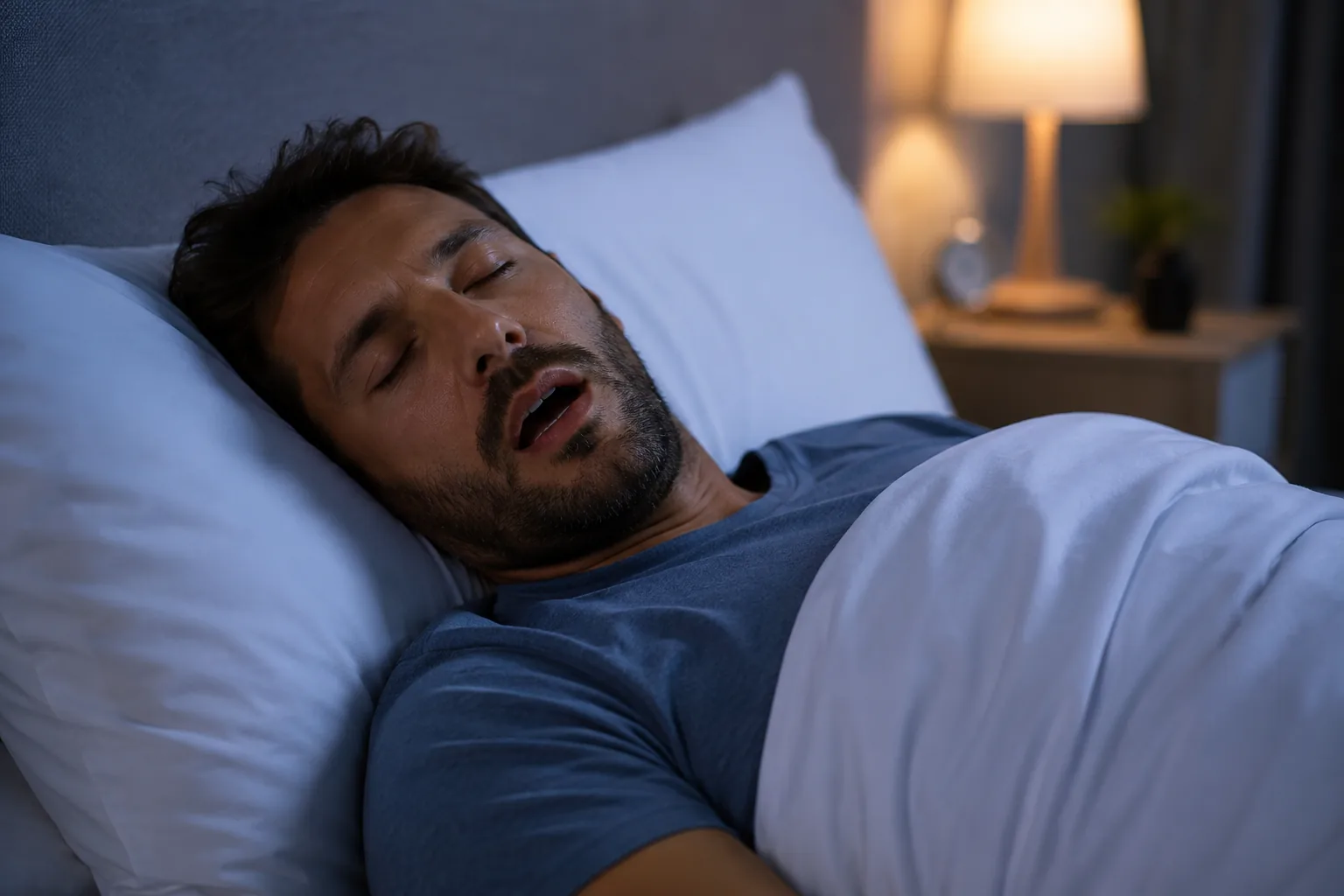 Adulto che dorme durante il sonno notturno, immagine rappresentativa del russamento e della qualità del riposo.