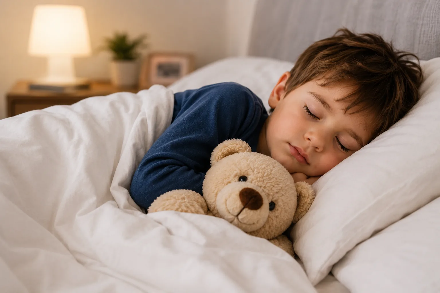 Bambino che dorme serenamente durante il sonno notturno, simbolo dell’importanza di un riposo di qualità per la crescita e lo sviluppo.
