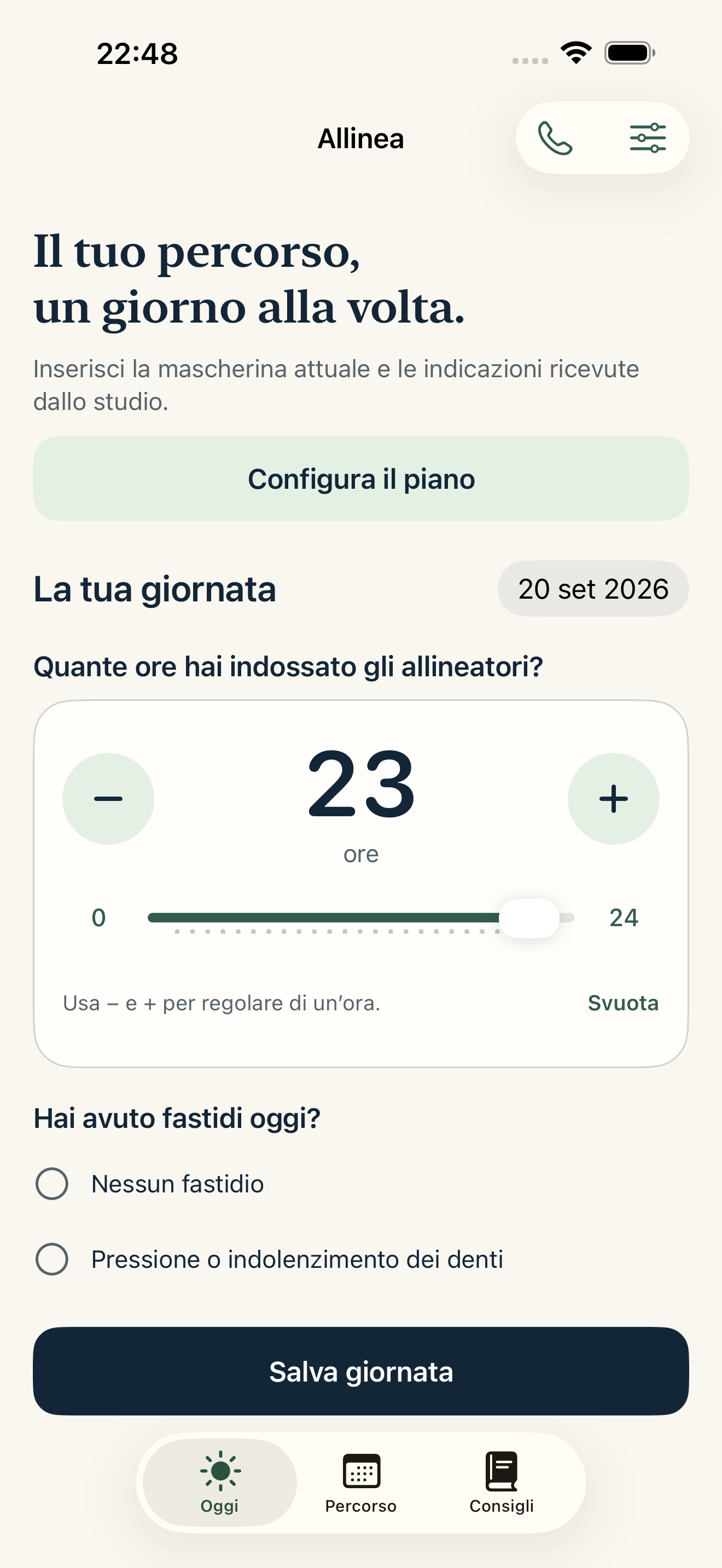 Schermata Allinea: selettore delle ore con cursore e pulsanti meno e più.